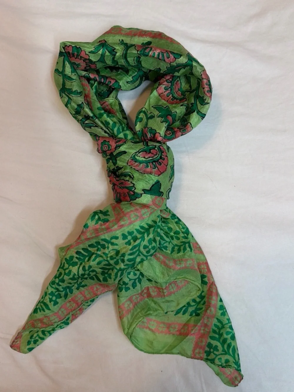 Hand Woven Indian Silk Floral Scarf Green Pink Boho